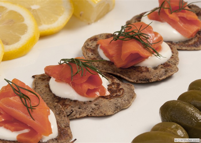 Blini with Smoked Salmon Hors D’Oeuvres or Station